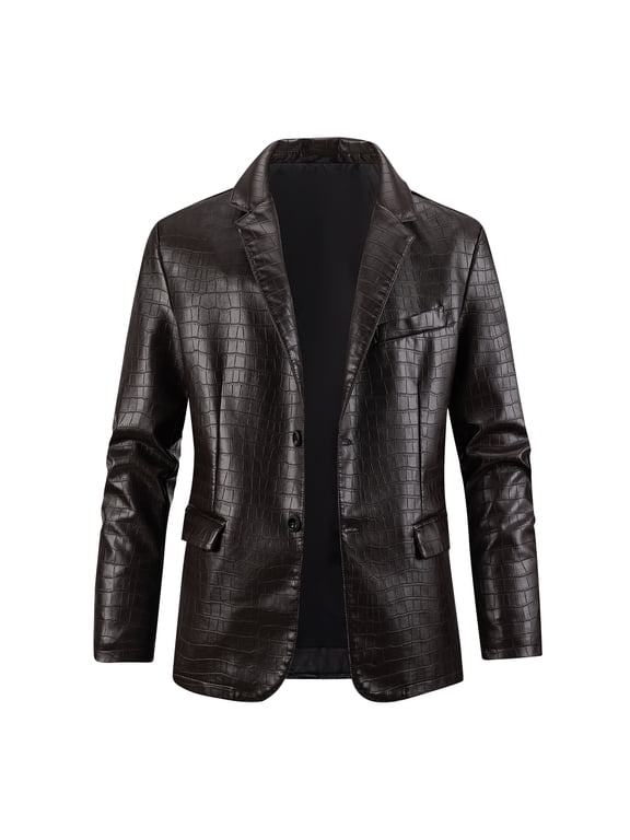 Men's Faux Leather Crocodile Pattern Jacket, Single Row Large Lapel Suit Style, Chest Pocket Decoration PU Leather Coat