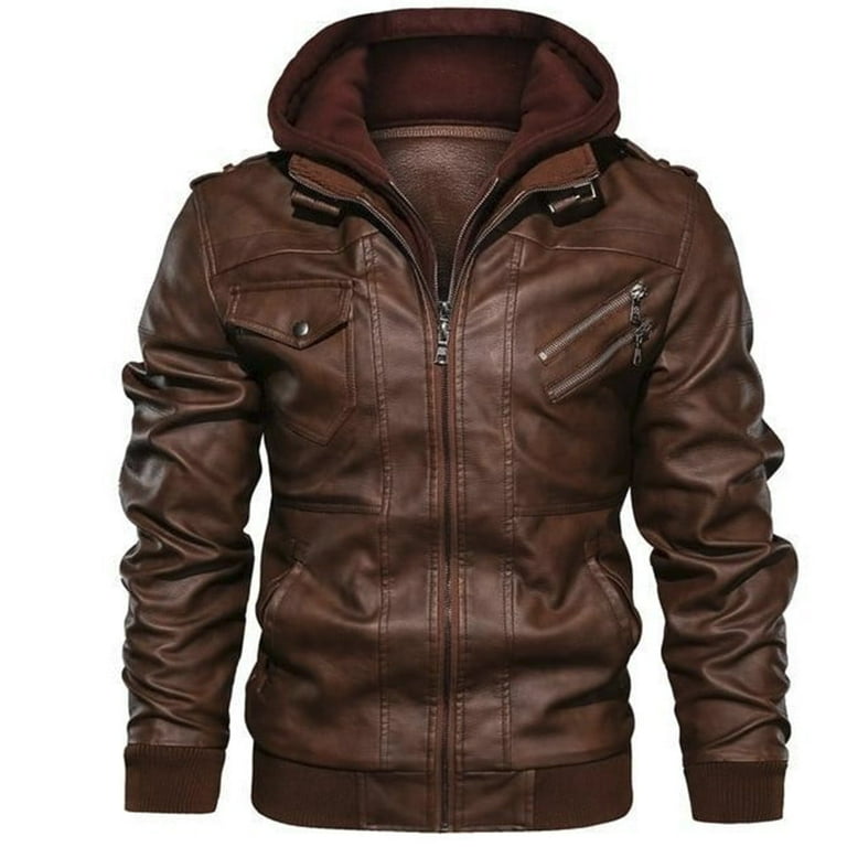 Leather hooded deals biker jacket