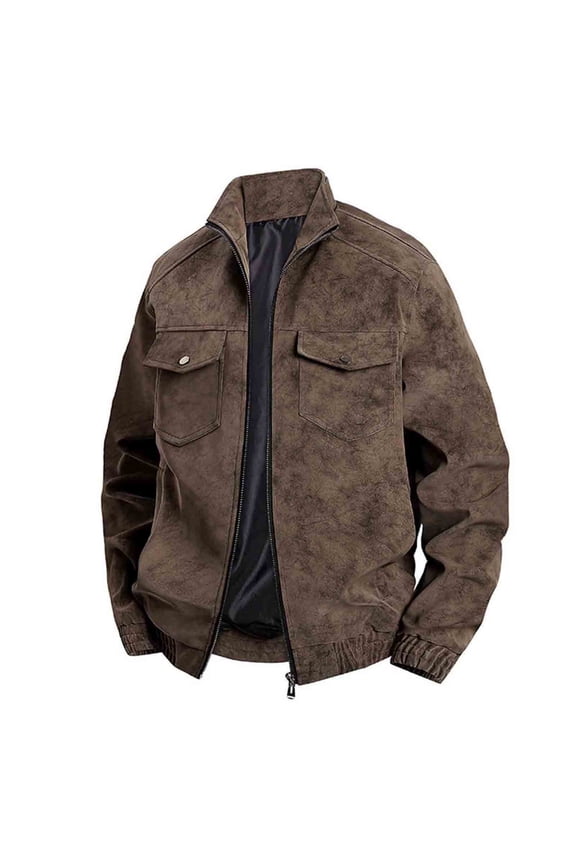 Men's Faux Leather Jacket Fall Winter Warm Casual Bomber Jacket Full Zip Collared Long Sleeve Overcoat with Pockets (L, Coffee)