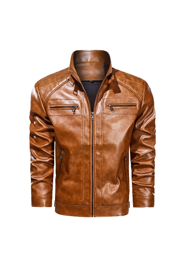 Men's Leather Jacket Stand Collar Motorcycle Bomber Jackets Brown L