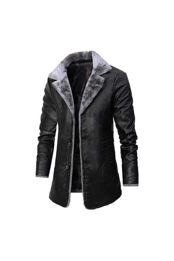 Men's Faux Leather Jacket Thick Faux Fur Shearling Lapel Collar Botton Down Long Trench Coats Heavyweight Motorcycle Vintage Coats