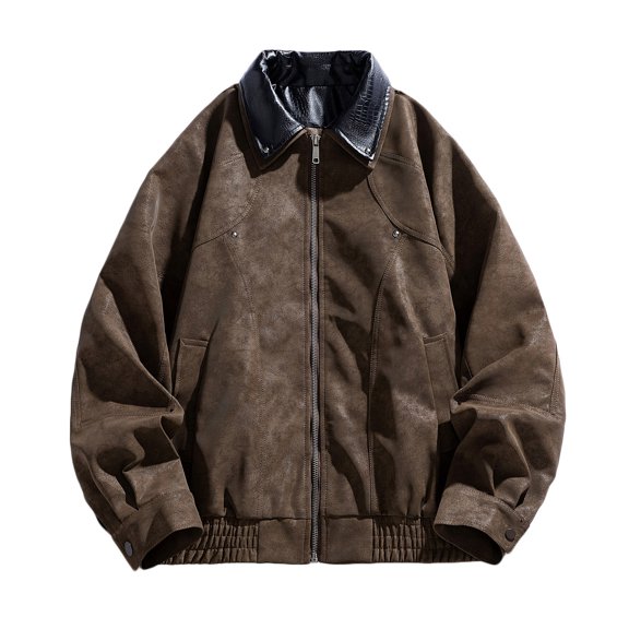 Men's Faux Leather Jackets Lapel Front Zipper PU Cardigan Vintage Stylish Casual Loose Outwear With Pockets (3XL, Coffee)