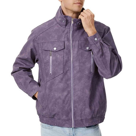 Men's Faux Leather Jackets Long Sleeve Full Zip Solid Color Ribbed Cuffs and Hem Windbreak Warm Overcoat with Pockets Purple M