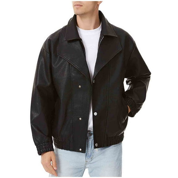 Men's Faux Leather Jackets Men Fake-Two Pieces Jacket Loose Windproof Winter Coats Motorcycle Stylish Long Sleeve Overcoat with Pockets Trendy Coats