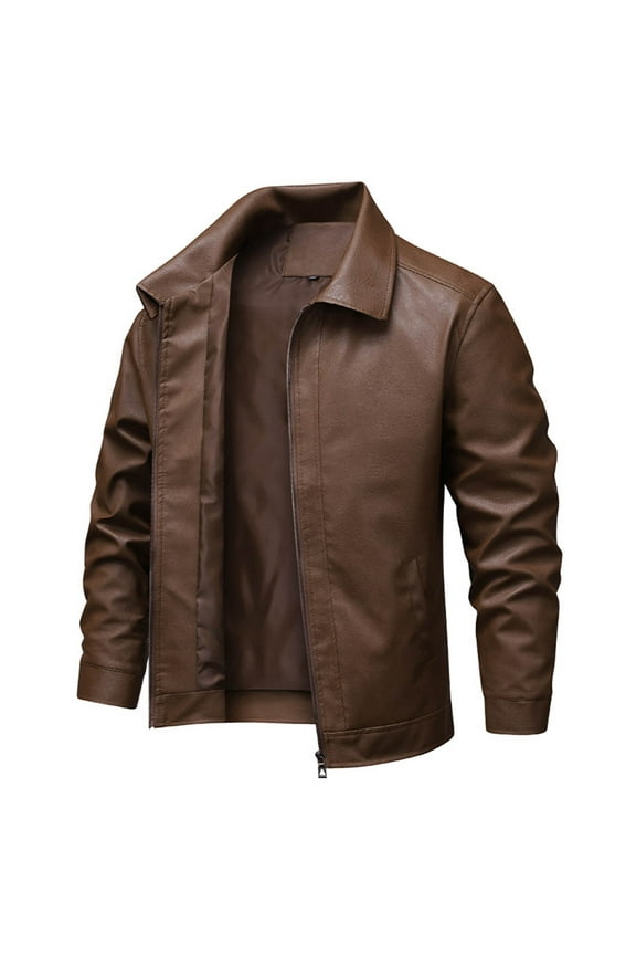 Men's Faux Leather Jackets Zip-Up Collared Motorcycle Biker Coat Zipper Slim Fit Lapel Classic Bomber Jacket Brown, M