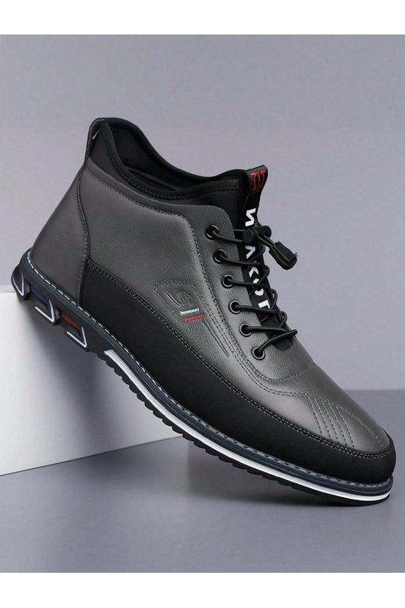 Men's Faux Leather Mid-Top Casual Sneakers - Adjustable Toggle Lace-Up with Color-Block Design, Textured Finish, Non-Slip Rubber Sole - Lightweight & Durable Daily Footwear