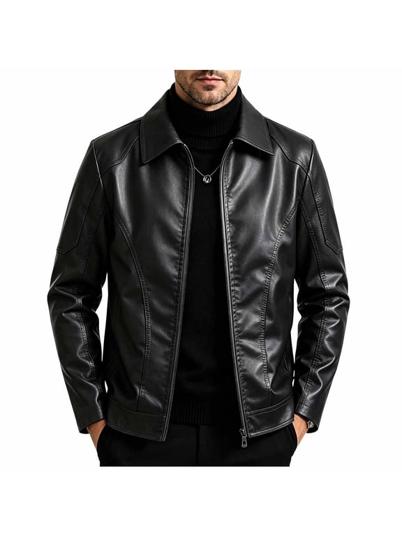 Men's Faux Leather Moto Biker Jacket Turn Down Collar Zip Up Classic Coat Windproof Outerwear with Zipper Pockets for Workwear, Black, XXXL