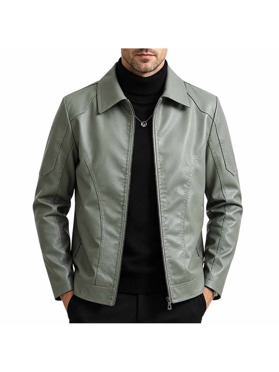 Men's Faux Leather Moto Biker Jacket Turn Down Collar Zip Up Classic Coat Windproof Outerwear with Zipper Pockets for Workwear, Green, XL