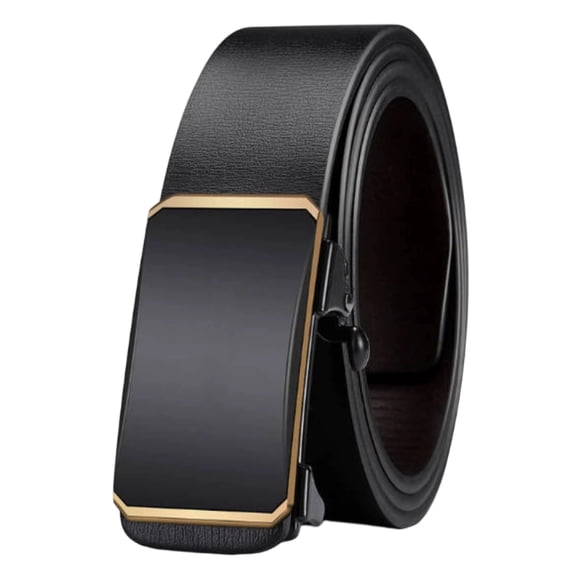 Men's Faux Leather Ratchet Belt, Black Automatic Buckle Dress Belt for Business & Casual