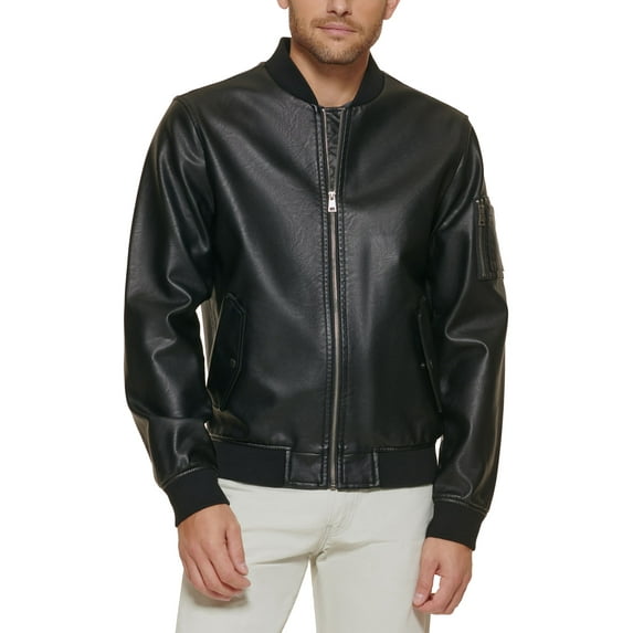 Men's Faux Leather Seasonless Flight Bomber Jacket Black XL