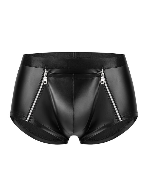 Men's Faux Leather Shorts Sexy Low Rise Ultra Soft Erotic Clubwear with Removable Pouch Cheeky Bikini Panties Tight Trunks Boxer Briefs