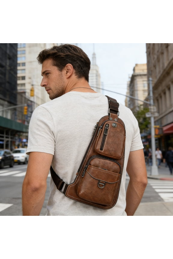 Men’s Faux Leather Sling Bag Crossbody Chest Bag for Travel, Work and Everyday Carry