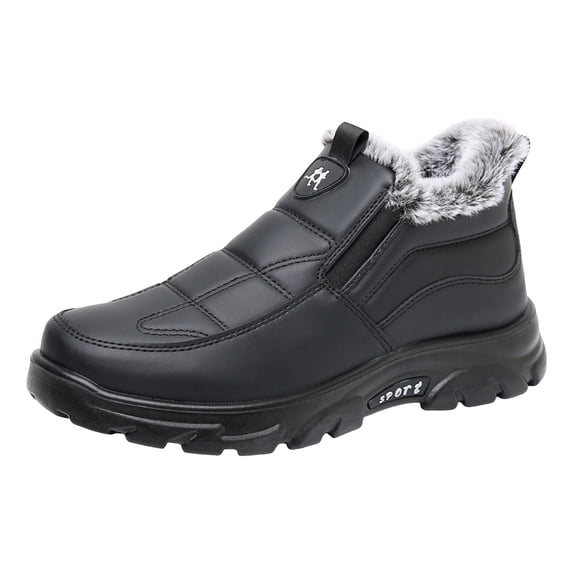 Men's Faux Leather Slip On Winter Snow Boots Warm Fleece Lined Ankle Booties Comfortable Outdoor Non Slip Work Shoes Black Size 8.5