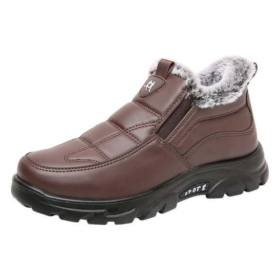 Men's Faux Leather Slip On Winter Snow Boots Warm Fleece Lined Ankle Booties Comfortable Outdoor Non Slip Work Shoes Brown Size 8