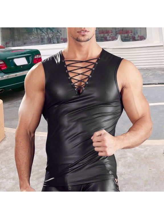 Men's Faux Leather Undershirt Tank Top Shirt Chest Lace Up Sleeveless Vest Muscle for Men Club Black Size XXL