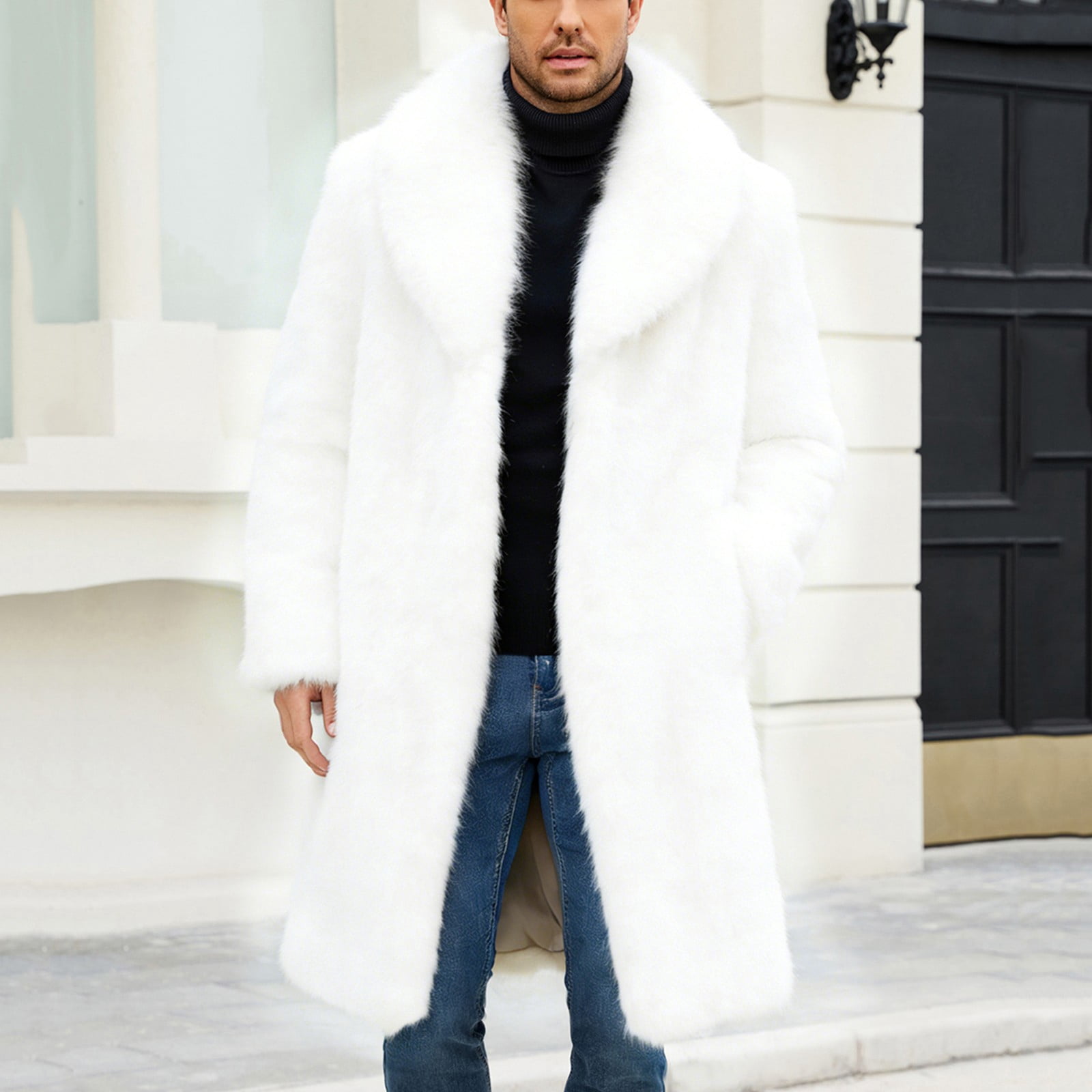 Open Wear Men's Faux Mink Coat Long Length Lapel Open Front Loose Warm Outwear ...