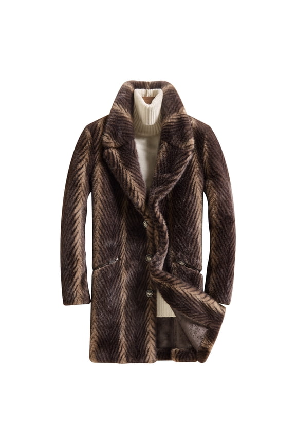 Men's Faux Mink Coat Mid-Length Open Front Single Breasted Notched Lapel Winter Outerwear Reversible Design