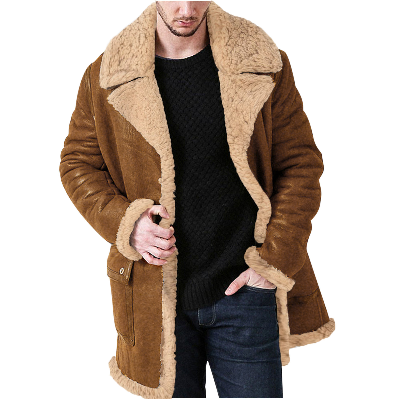 Men's Faux Pu Leather Jacket Fleece Sherpa Lined Heavyweight Fur Collar ...