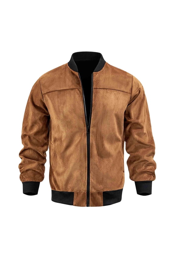 Men's Faux Suede Bomber Jacket Full-Zip Casual Contrast Collar Varsity Coat Ribbed Cuffs Welt Pockets for Fall Winter Streetwear