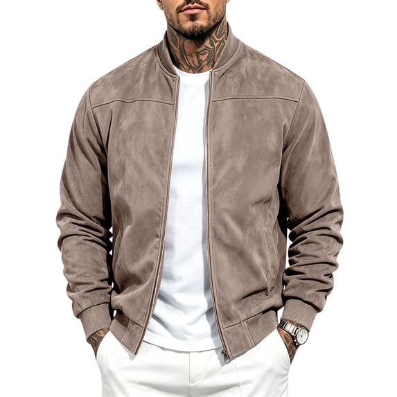 Men's Faux Suede Bomber Jacket Full Zip Ribbed Collar Side Pockets Casual Fall Outerwear