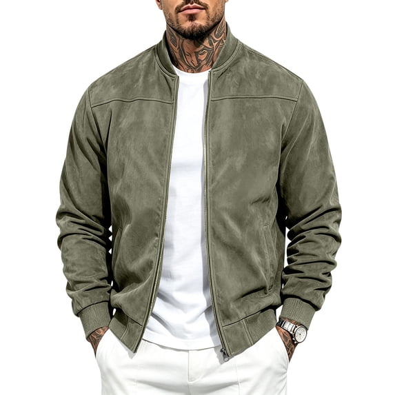 Men's Faux Suede Bomber Jacket Full Zip Ribbed Collar Side Pockets Casual Fall Outerwear