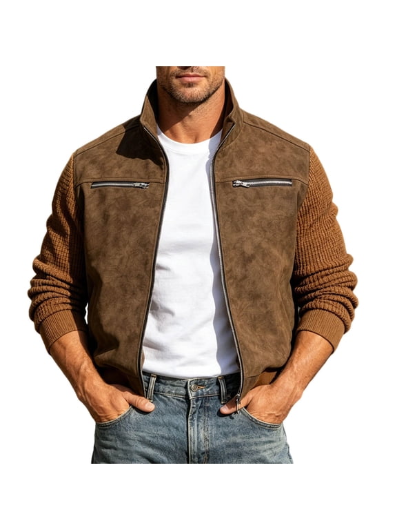 Men's Faux Suede Bomber Jacket Stand Collar Long Sleeve Full Zip Sweatshirt Casual Old Money Style Warm Flight Coat for Fall Winter Outdoor Travel, Brown, S