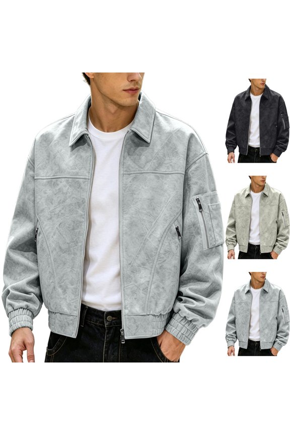 Men's Faux Suede Bomber Jacket Vintage Zip Up Flight Windbreaker Coat Textured with Zipper Pockets for Casual Streetwear Fall Travel, Light Blue, XXL