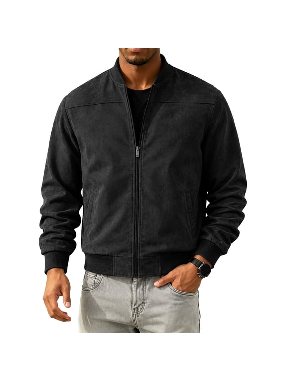 Men's Faux Suede Bomber Jacket Zip Up Coat Ribbed Stand Collar Side Pockets Lightweight Outerwear for Fall Spring