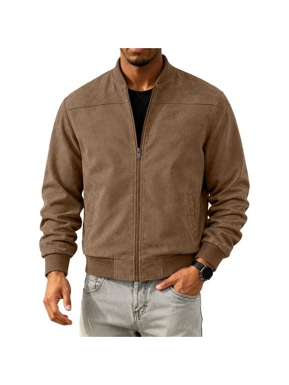 Men's Faux Suede Bomber Jacket Zip Up Coat Ribbed Stand Collar Side Pockets Lightweight Outerwear for Fall Spring