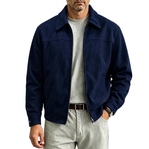 Men's Faux Suede Jacket Lapel Collar Zip Up with Pockets Loose Casual Coat for Daily Wear