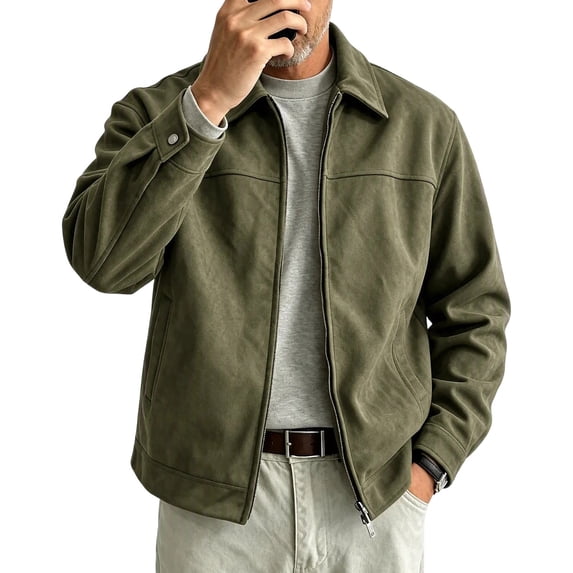 Men's Faux Suede Leather Bomber Jacket Casual Coat for Men Windproof Lightweight Side Pockets Fall Winter Zip up Jacket Outwear for Work and Daily Wear