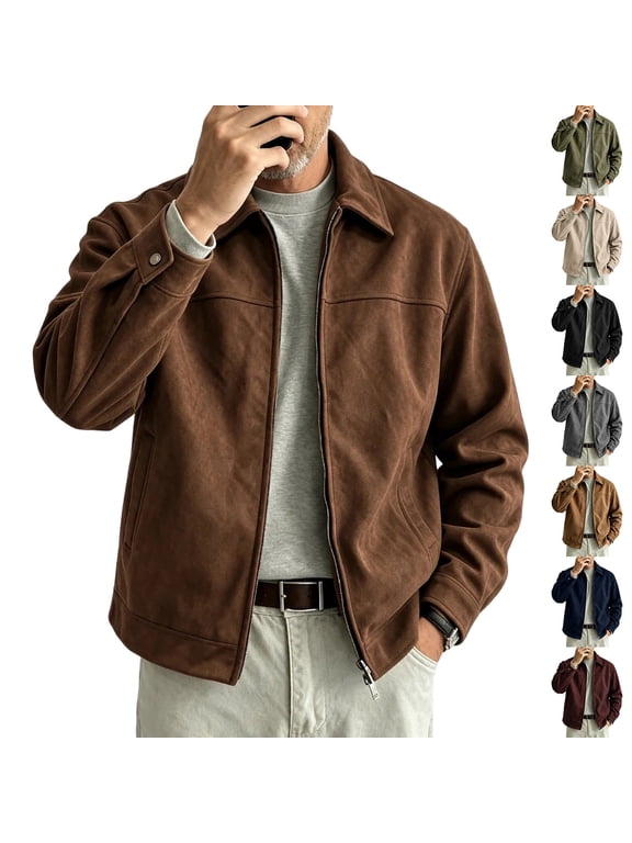 Men's Faux Suede Leather Bomber Jacket Casual Coat for Men Windproof Lightweight Side Pockets Fall Winter Zip up Jacket Outwear for Work and Daily Wear