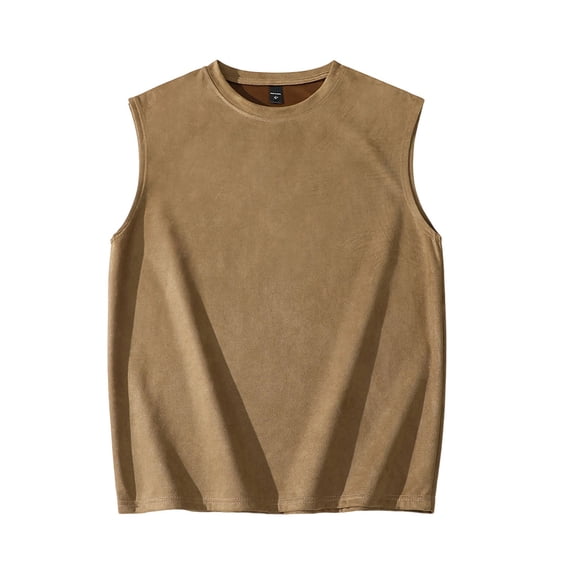 Men's Faux Suede Leather Sleeveless Tank Tops Gym Muscle Acid Wash Workout Tees Cut off Loose Fit Athletic T-Shirts Big and Tall Size M-5XL Khaki