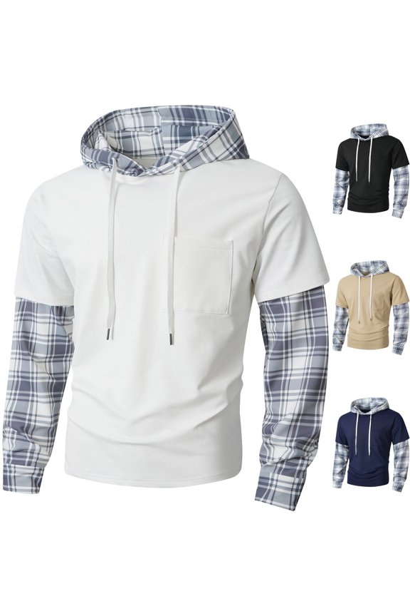 Men's Faux Two Piece Hoodie Plaid Long Sleeve Sweatshirt Layered Drawstring Tops with Chest Pocket for Fall Winter Daily Wear, White, S