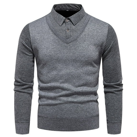 Men's Faux Two Piece Lapel Long-Sleeve Tops, Men's Striped Lapel Fake Two Piece Shirt, Casual Sweaters Dark Gray XL