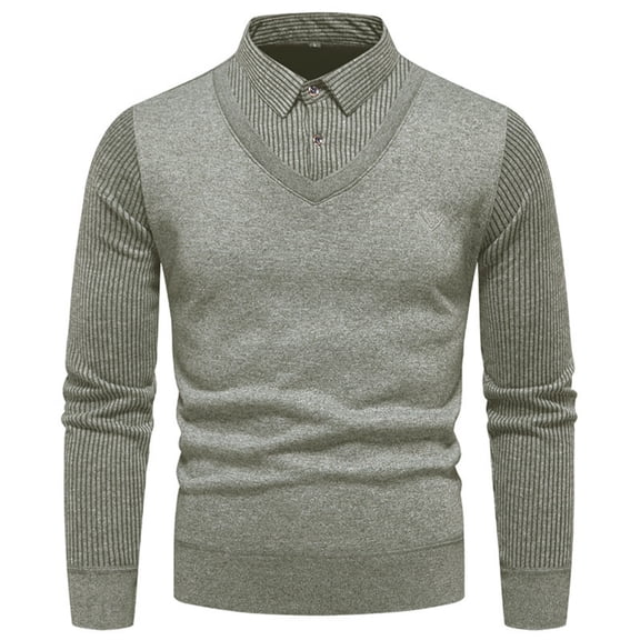 Men's Faux Two Piece Lapel Long-Sleeve Tops, Men's Striped Lapel Fake Two Piece Shirt, Casual Sweaters Light Gray M