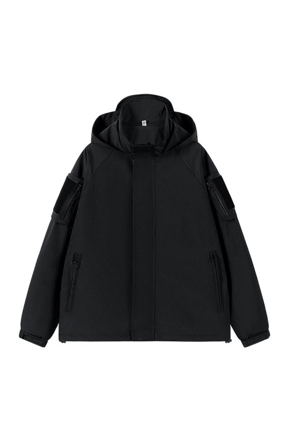 Men's Faux Two-Piece Loose Work Jacket, Trendy Hooded Tactical Style, Black, Size L