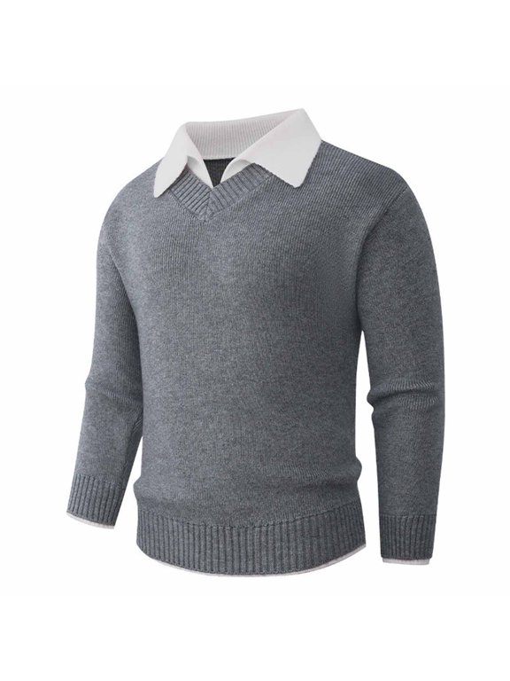 Men's Faux Two Piece V Neck Knit Sweater, White Shirt Collar Design, Ribbed Cuffs and Hem, Solid Color Long Sleeve Warm Pullover, Classic Preppy Look, Ideal for School Uniform Gray M