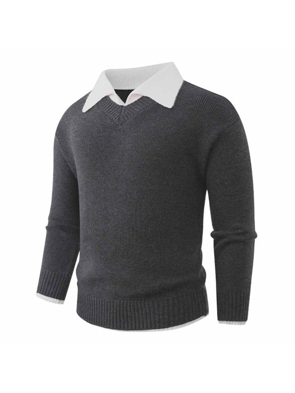 Men's Faux Two Piece V Neck Knit Sweater, White Shirt Collar Design, Ribbed Cuffs and Hem, Solid Color Long Sleeve Warm Pullover, Classic Preppy Look, Ideal for School Uniform Dark Gray M