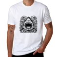thumbnail image 1 of Men's Ferocious Shark Woodcut Graphic T-Shirt, Cotton Crew Neck Short Sleeve Loose Casual Tee, Retro Ocean Art Printed Shirts, S, 1 of 9