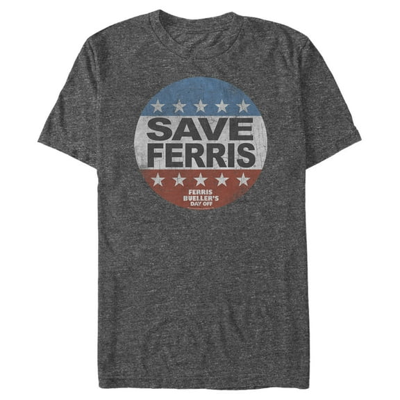 Men's Ferris Bueller's Day Off Warning Save Campaign Button Graphic Tee Charcoal Heather 5X Large
