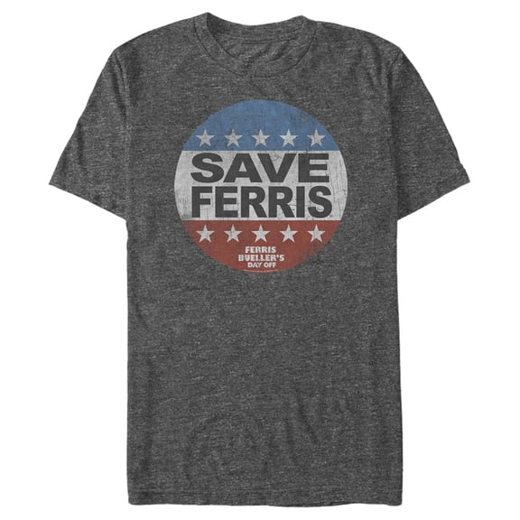 Men's Ferris Bueller's Day Off Warning Save Campaign Button Graphic Tee Charcoal Heather Small