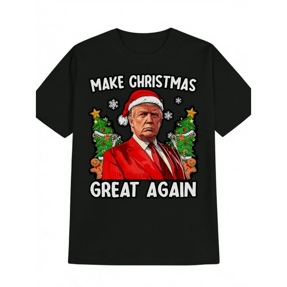 Men's Festive Black Christmas T-Shirt - "Make Christmas Great Again" with Santa Hat & Tree Design, Casual Short Sleeve Crew Neck,  Machine Washable