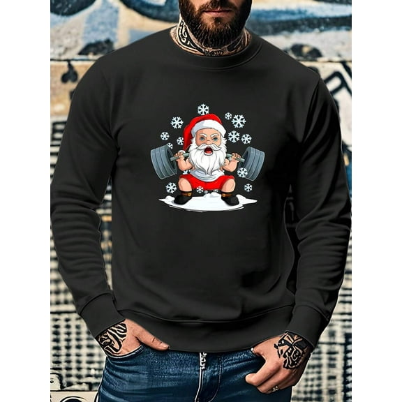 Men's Festive Santa Weightlifting Graphic Sweatshirt - Red Long-Sleeve Crewneck Pullover With White Snowflakes, Casual Holiday Design For Winter & Fall, Festive Holiday Apparel | Santa Claus Design |