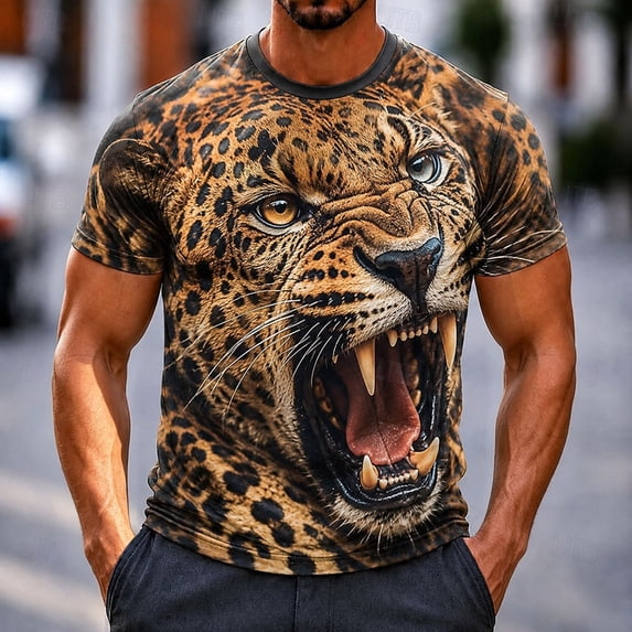 Men's Fierce Leopard Animal Graphic T-Shirts 3D Print Novelty Short Sleeve Crewneck Casual Summer Everyday Tees Comfortable Lightweight Breathable Tops