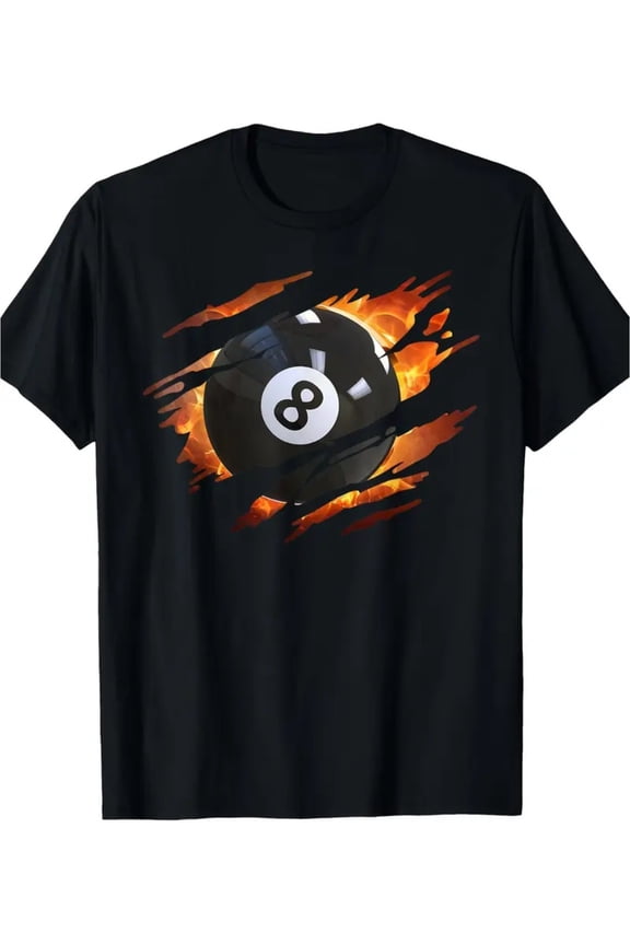 Men's Fiery Pool Cue Design T-Shirt - Dynamic "8" & Flame Eight-ball Graphic, Soft Cotton Crew Neck, Short Sleeve - Bold Streetwear for Billiards Enthusiasts, Black, Sizes M-3XL