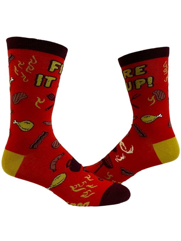 Men's Fire It Up Socks Funny Backyard Bar-B-Que Grilling Meat Graphic Novelty Footwear