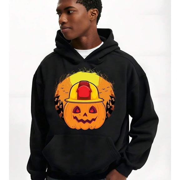 Men's Firefighter Halloween Costume Hoodie - Jack-O'-Lantern Fire Hydrant Graphic Sweatshirt, Soft Stretchy Pullover Hoodie With  Pocket For Halloween Party