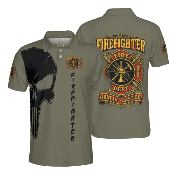 Men's Firefighter Polo Shirt - Punisher Skull, First In Last Out Fire Dept Short Sleeve Collared Tee – Support Firefighter, Firemen Shirt