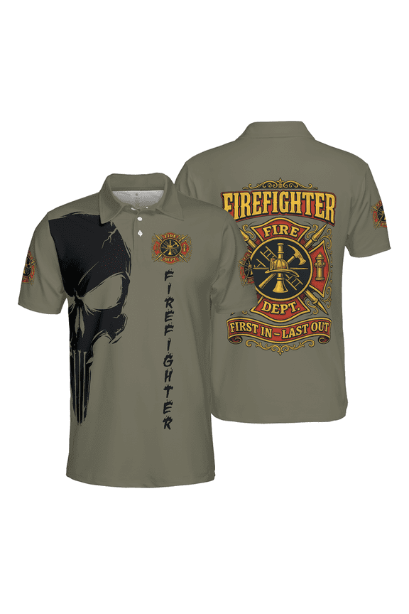 Men's Firefighter Polo Shirt - Punisher Skull, First In Last Out Fire Dept Short Sleeve Collared Tee – Support Firefighter, Firemen Shirt